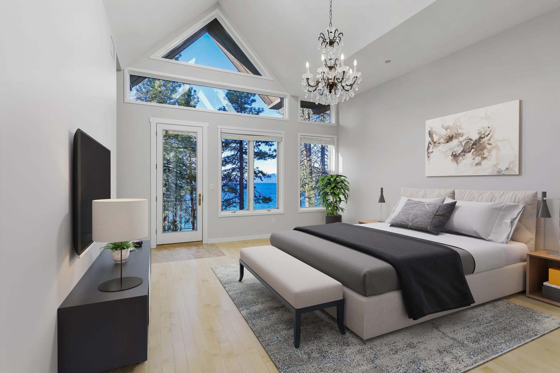 77 Speedboat Avenue Brockway, CA 96143 - Photo 17 of 28 a spacious bedroom with a balcony a bed and a chandelier