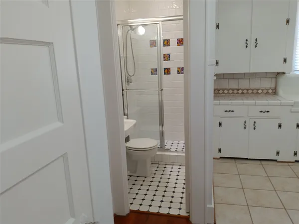 a bathroom with a shower toilet and a sink