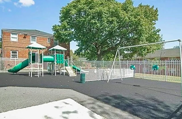 a view of a park with slide