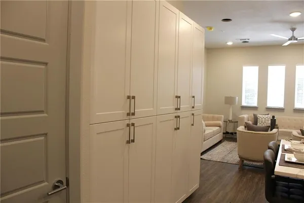 a living room with furniture and a table