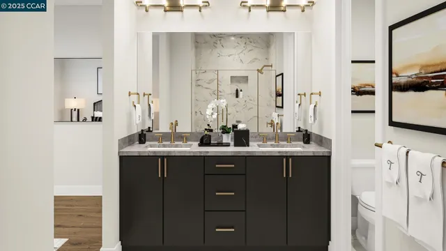 a bathroom with a double vanity sink and mirror
