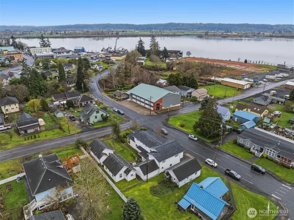 an aerial view of a house with a garden