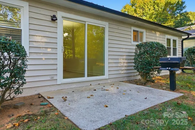 a view of a park with large trees