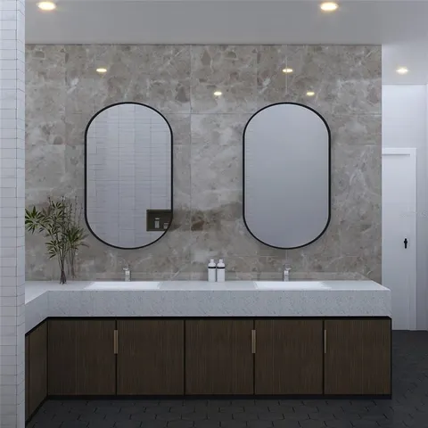 a bathroom with a sink and a mirror