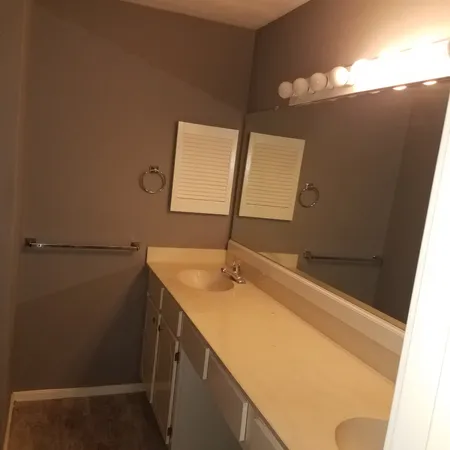 a bathroom with a sink and mirror