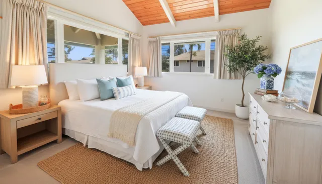 a living room with furniture and a potted plant
