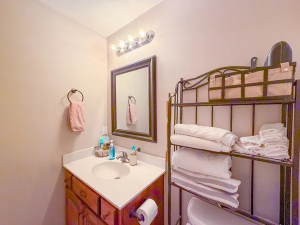 a bathroom with a sink vanity and a mirror