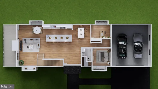 a aerial view of a house with yard