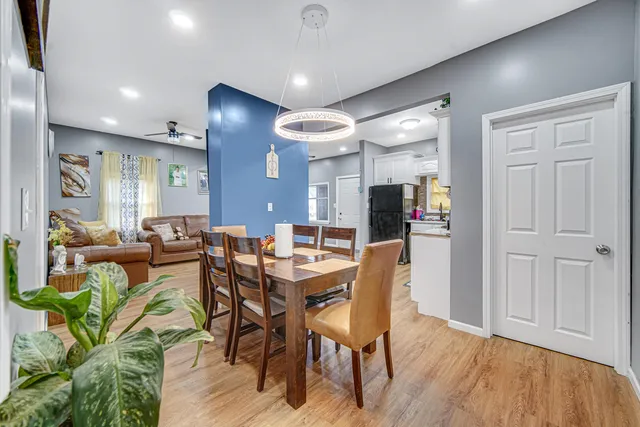 a view of a dining room with furniture