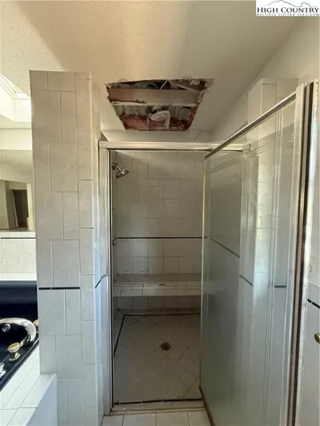 a bathroom with a shower and a sink