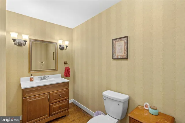 a bathroom with a sink mirror vanity and toilet