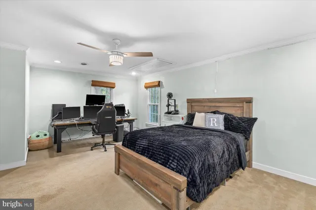 a bedroom with a bed and a desk