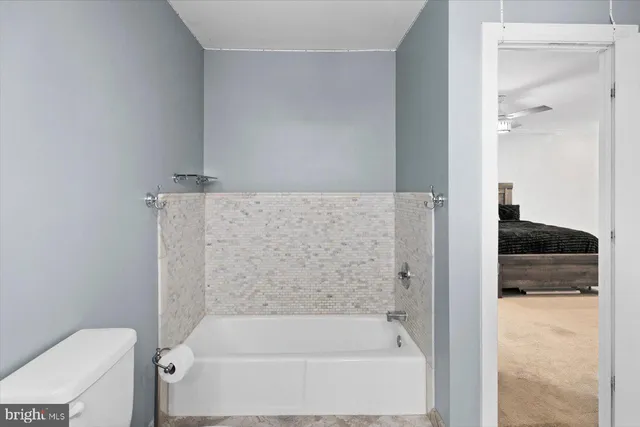 a bathroom with a bathtub and a toilet