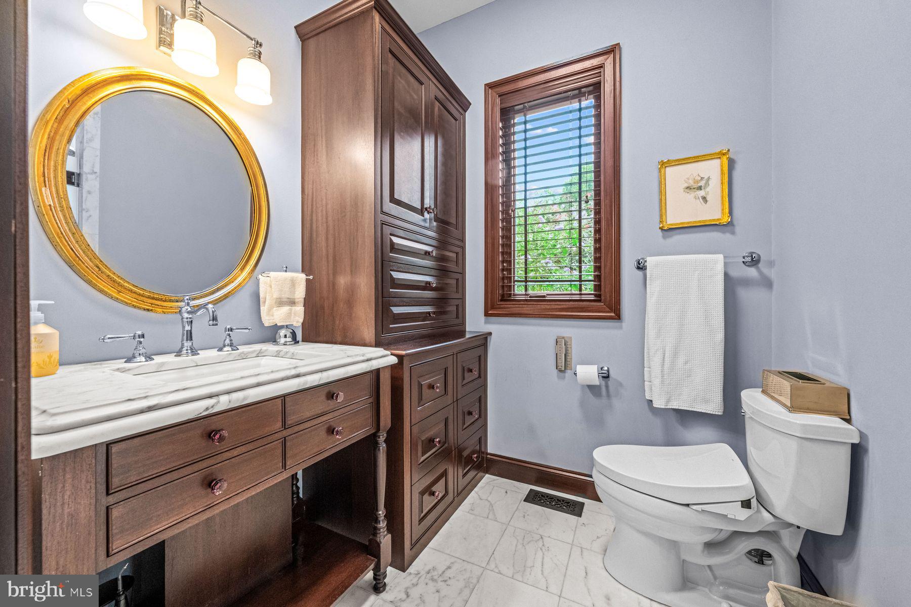 1408 Rene Road Villanova, PA 19085 - Photo 37 of 66 a bathroom with a toilet a sink and a mirror