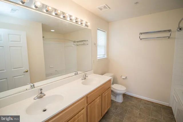 a bathroom with a double vanity sink mirror and toilet