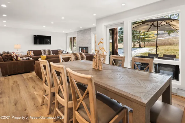 a view of a dining room with furniture