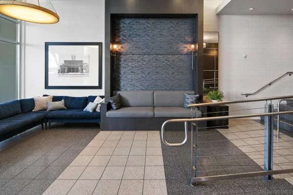 a living room with a couch and a table