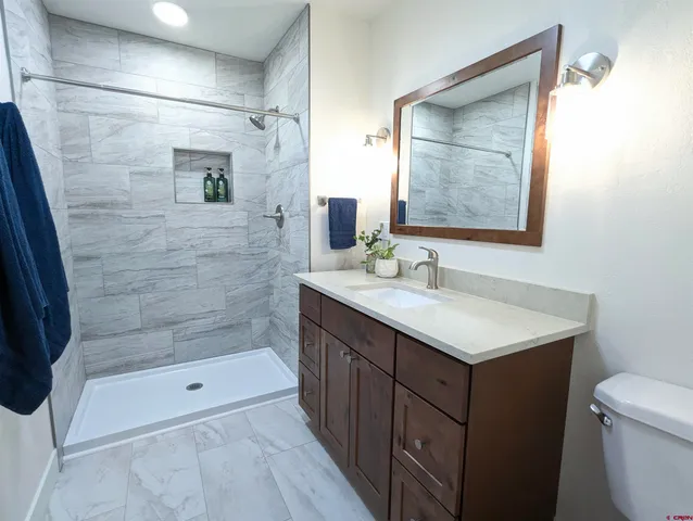 a bathroom with a sink a toilet and shower