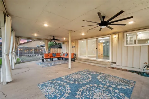a view of a porch with a backyard