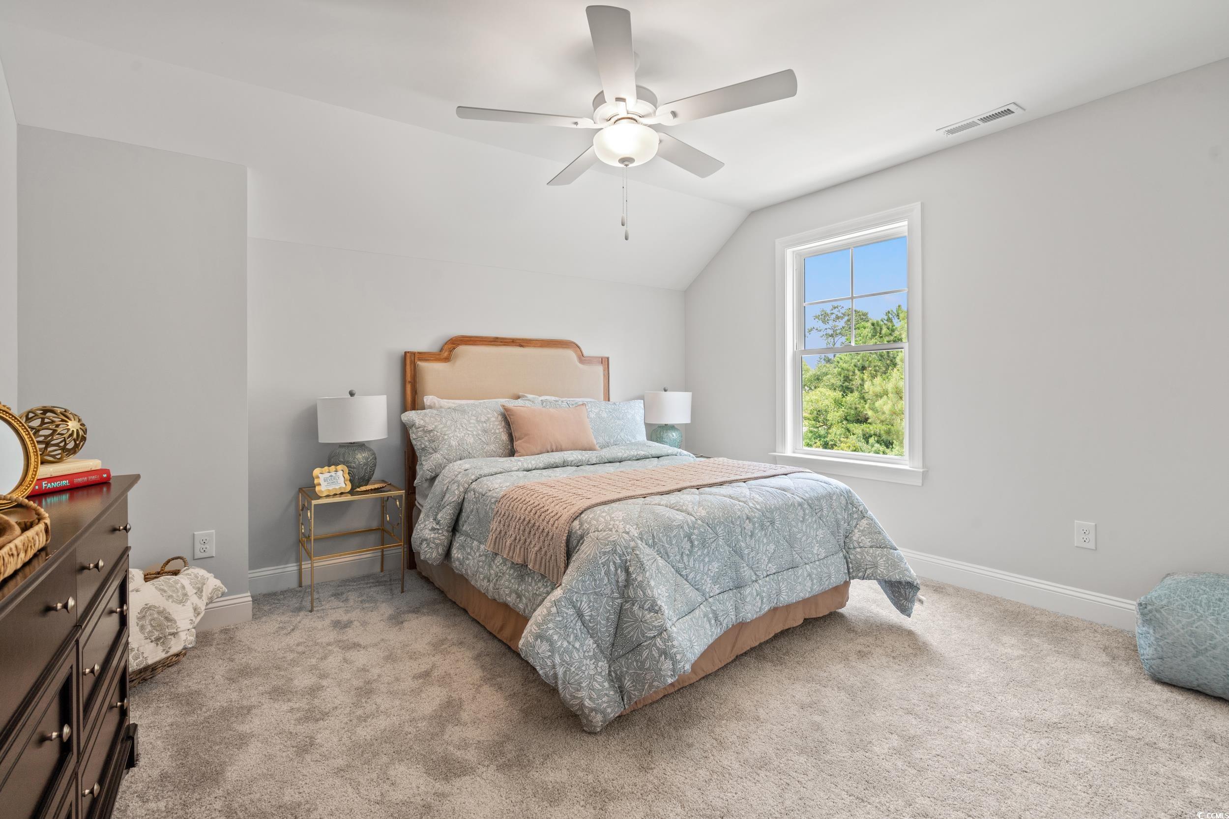 852 Commanders Island Road Georgetown, SC 29440 - Photo 12 of 37 Bedroom with light carpet, lofted ceiling, baseboards, and a ceiling fan