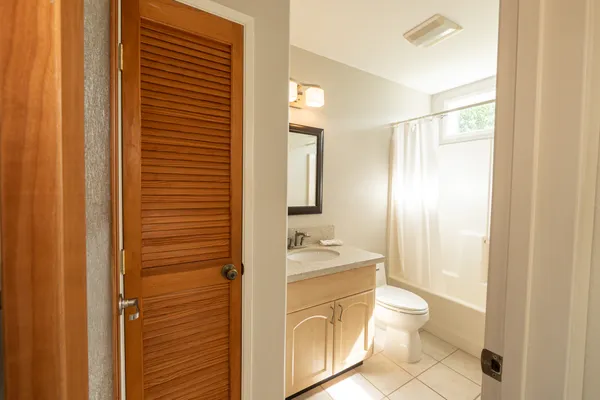 a bathroom with a sink a toilet and shower curtain