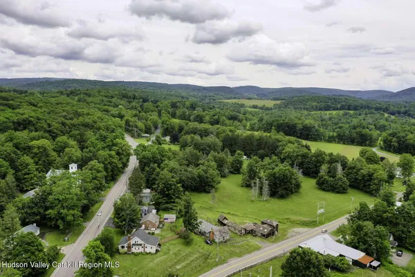 an aerial view of street and lots of trees