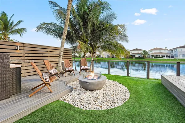 a view of a backyard with garden and patio