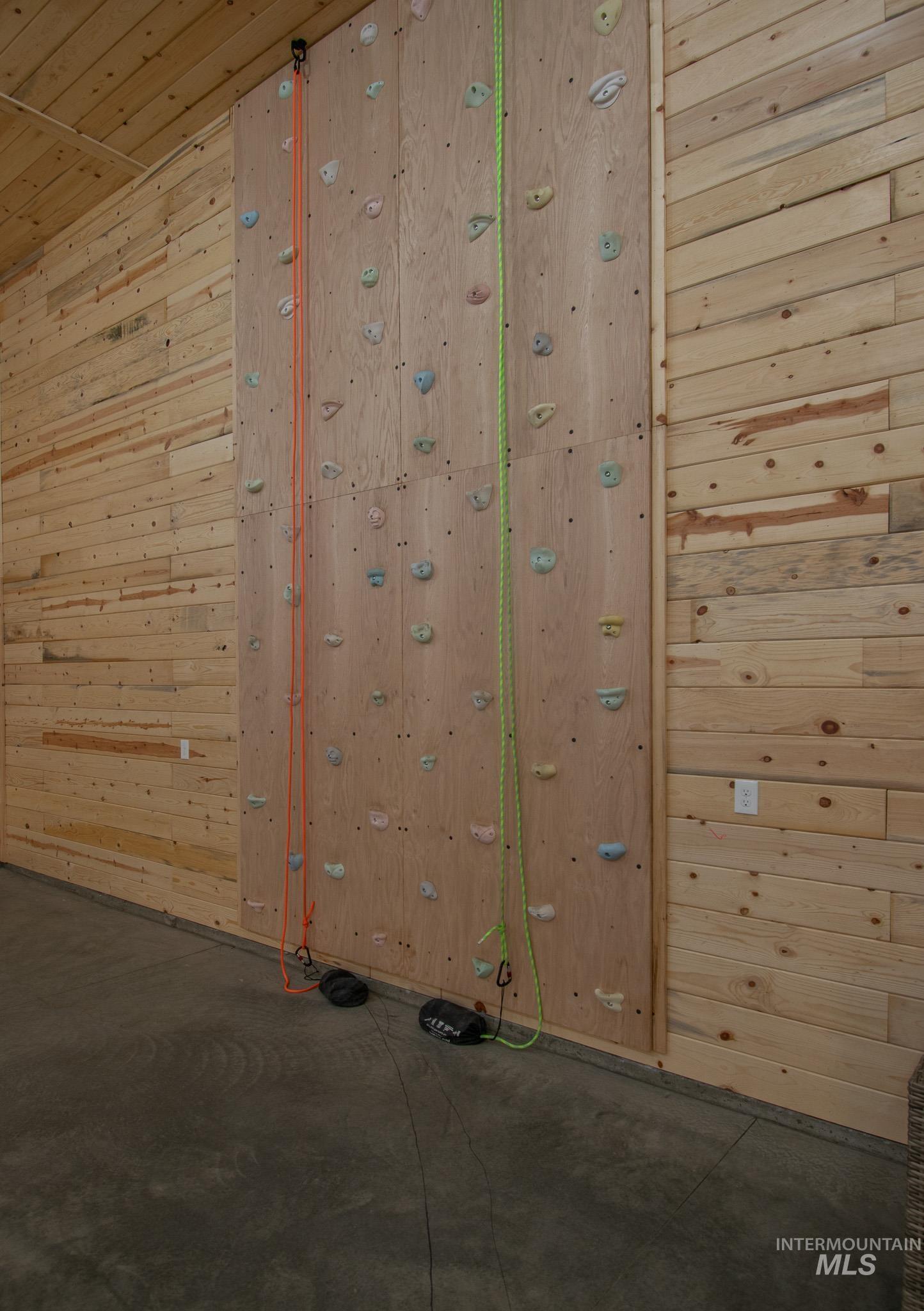 44 Big Moose Road McCall, ID 83638 - Photo 43 of 50 Indoor climbing wall with varied holds, set against light wood-planked walls