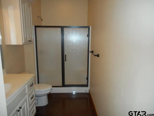 a bathroom with a granite countertop sink toilet and shower