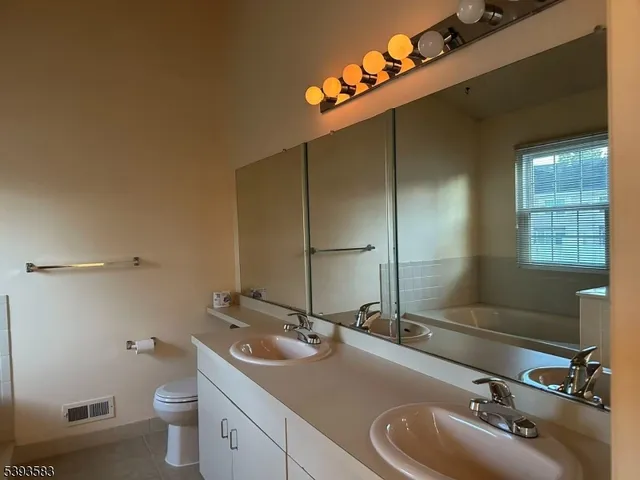 a bathroom with a double vanity sink toilet and mirror