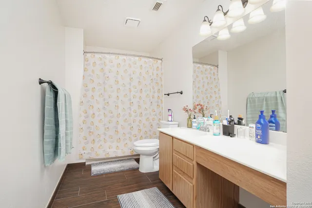 a bathroom with a sink a toilet and shower curtain