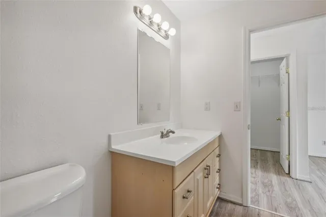 a bathroom with a sink vanity and a toilet