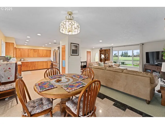 a view of a dining room and livingroom with furniture a rug a kitchen view and a chandelier
