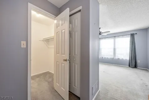 a view of hallway with windows and closet