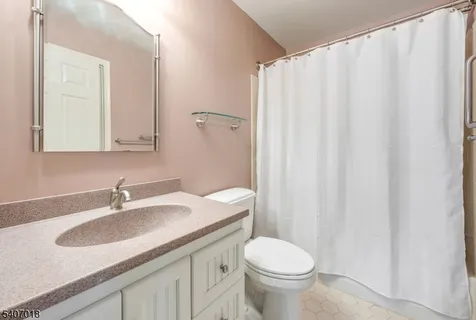 a bathroom with a sink a toilet and shower curtain