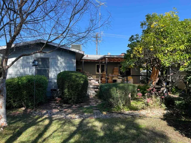 a view of a house with a small yard plants and large tree