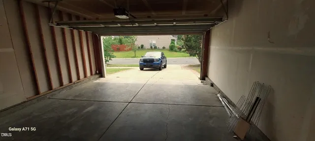 a view of a backyard with plants and a large tree