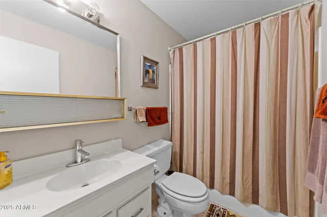 a bathroom with a sink a toilet and shower curtain