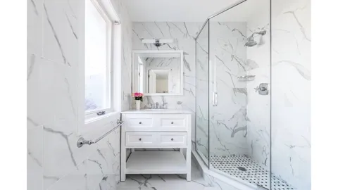 a bathroom with a sink a mirror and a shower