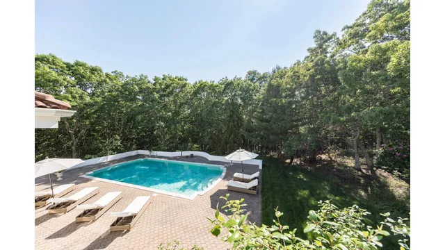a view of a swimming pool and trees in the background