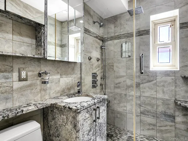 a bathroom with a granite countertop sink a toilet and shower