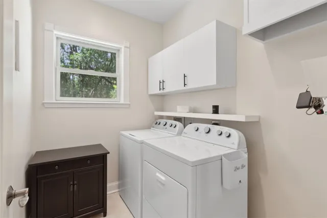 a view of a yard with plants and trees