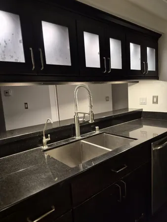 a kitchen with a sink and a potted plant
