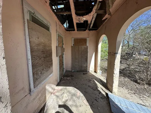 a view of a yard with large trees