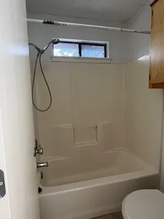 a bathroom with a shower and a toilet