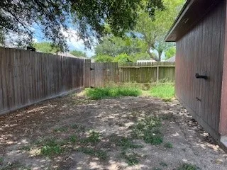 a view of a backyard with plants and wooden fence