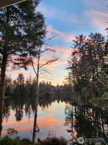 a view of a lake in between two of trees