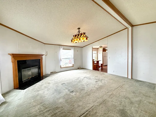a view of empty room with a fireplace