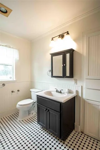 a bathroom with a sink vanity and a toilet