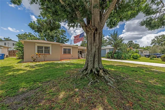 a view of backyard with a house and a large tree